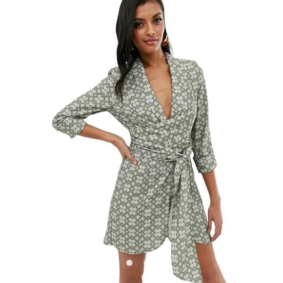 ASOS NWT Monogram Print Mini Tux Dress, Gray Khaki Cuffed Sleeves Women's 6 (US) - Picture 11 of 12